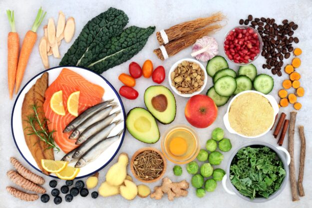 anti-inflammatory shutterstock_1639123522 Overhead view of anti-inflammatory foods.